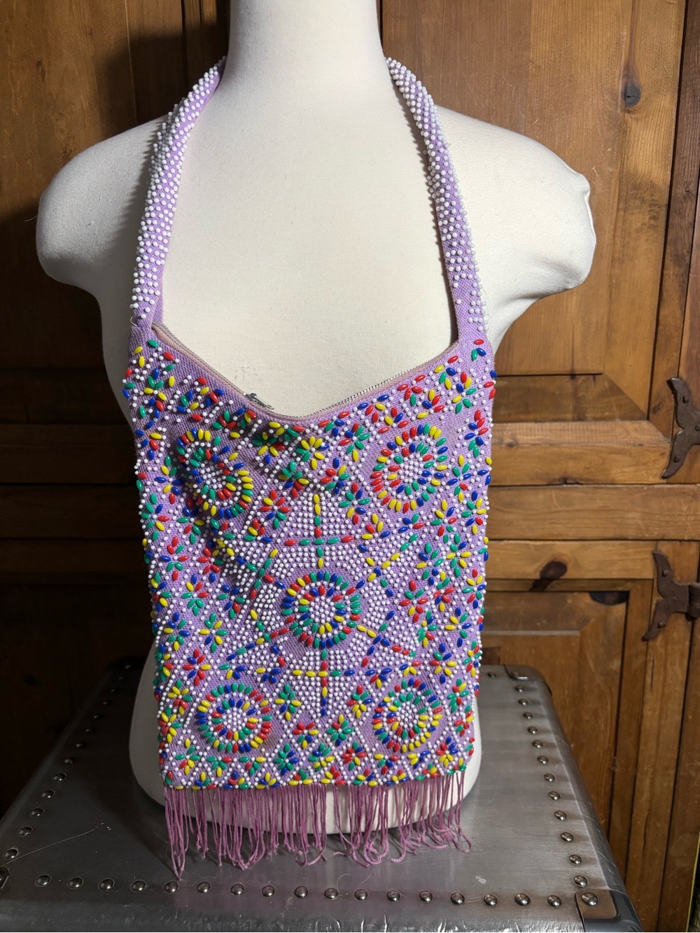 Vintage Beaded Lavender Fringe Crossbody Bag - Multicolor Embellished Design